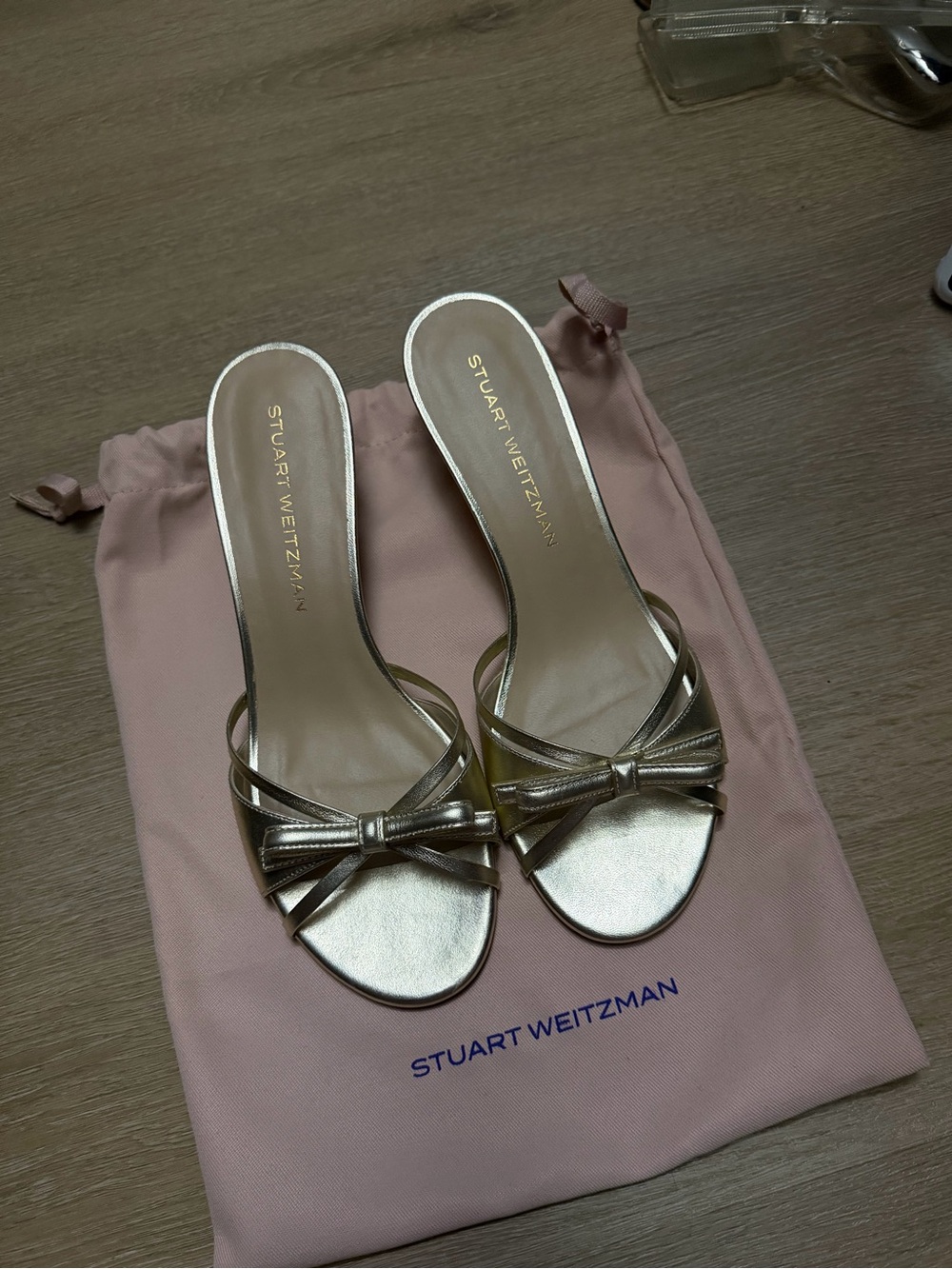 Stuart Weitzman Metallic Gold Bow Mules